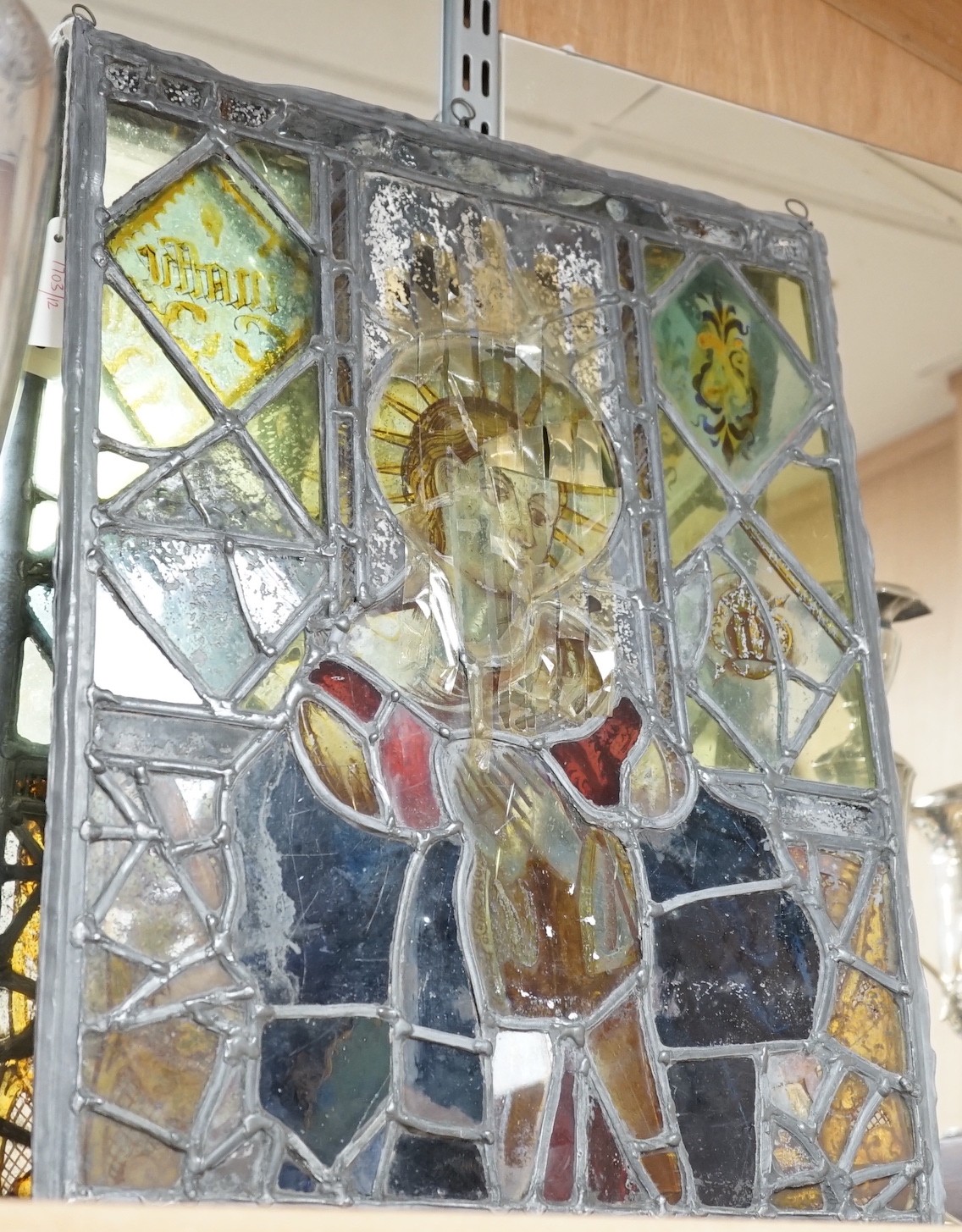 A late 18th century stained glass leaded window, 39cms wide x 49cms high